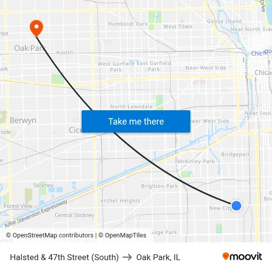 Halsted & 47th Street (South) to Oak Park, IL map