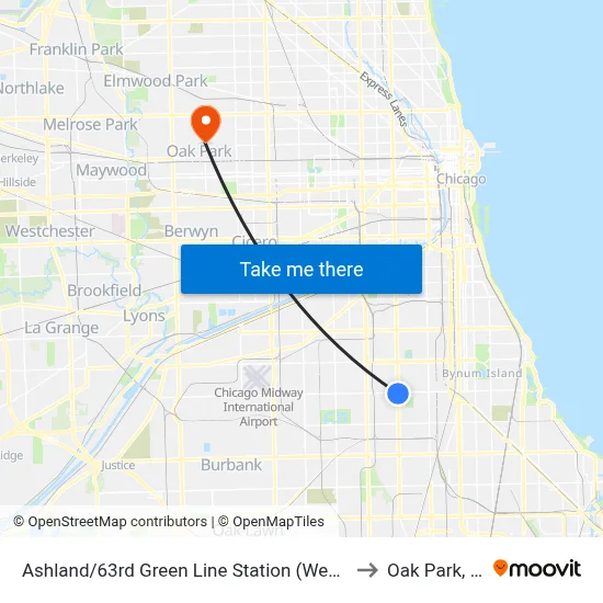 Ashland/63rd Green Line Station (West) to Oak Park, IL map
