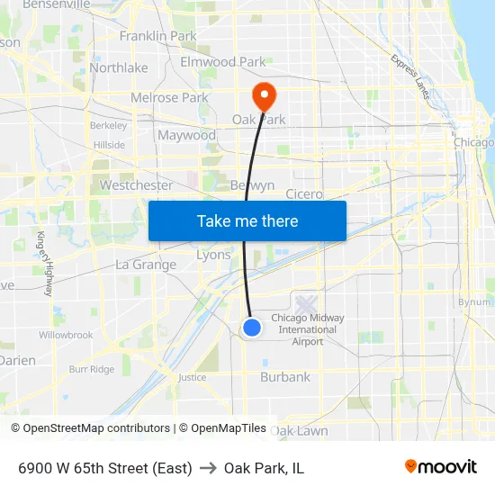 6900 W 65th Street (East) to Oak Park, IL map