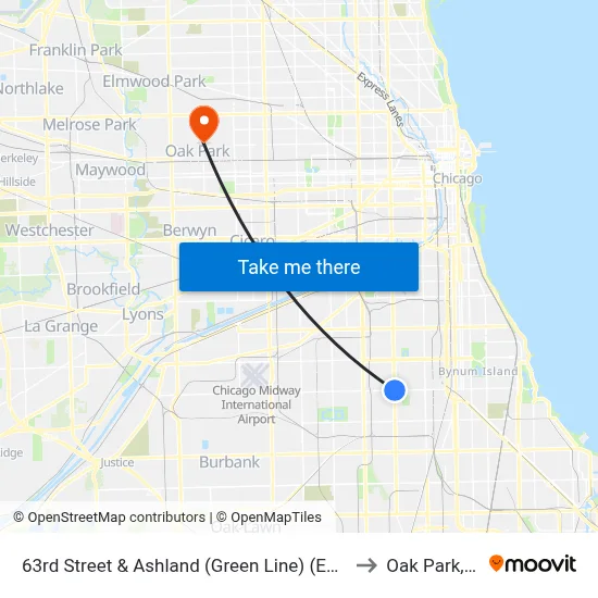 63rd Street & Ashland (Green Line) (East) to Oak Park, IL map