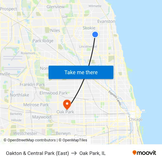 Oakton & Central Park (East) to Oak Park, IL map