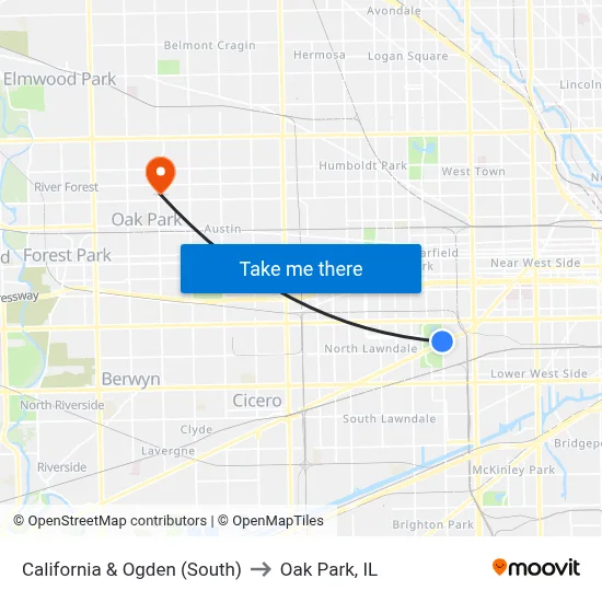 California & Ogden (South) to Oak Park, IL map