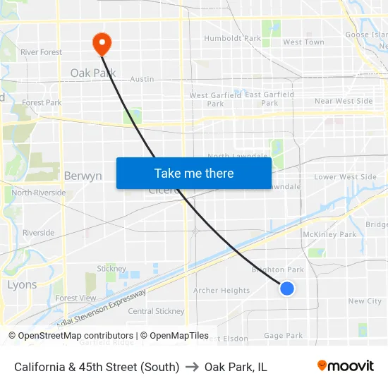 California & 45th Street (South) to Oak Park, IL map