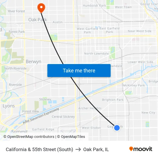 California & 55th Street (South) to Oak Park, IL map