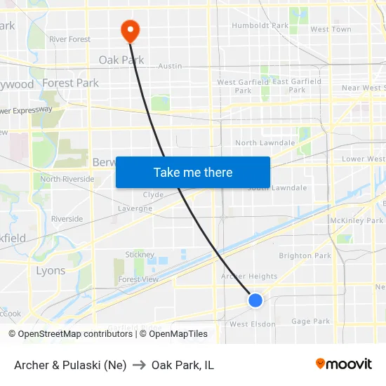 Archer & Pulaski (Ne) to Oak Park, IL map