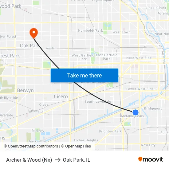 Archer & Wood (Ne) to Oak Park, IL map