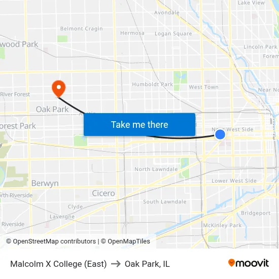 Malcolm X College (East) to Oak Park, IL map