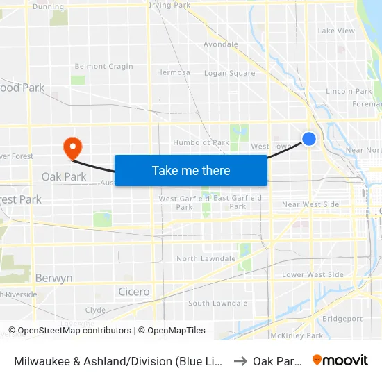Milwaukee & Ashland/Division (Blue Line) (Nw) to Oak Park, IL map
