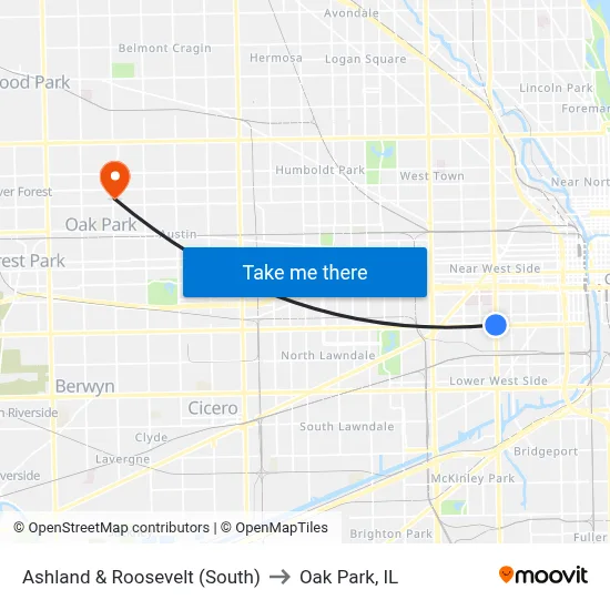 Ashland & Roosevelt (South) to Oak Park, IL map