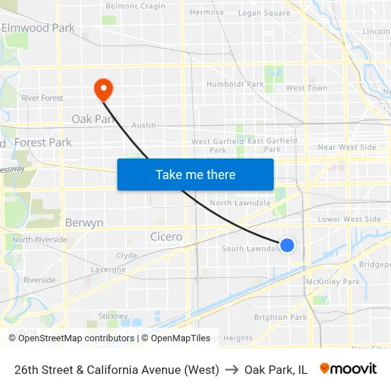26th Street & California Avenue (West) to Oak Park, IL map