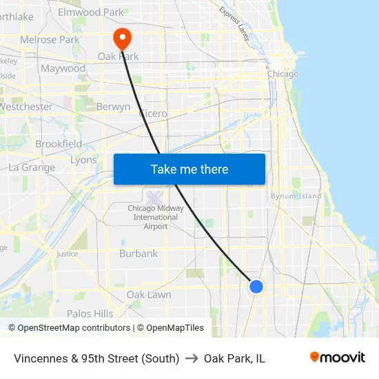 Vincennes & 95th Street (South) to Oak Park, IL map
