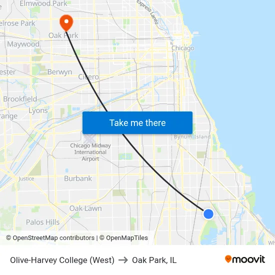 Olive-Harvey College (West) to Oak Park, IL map