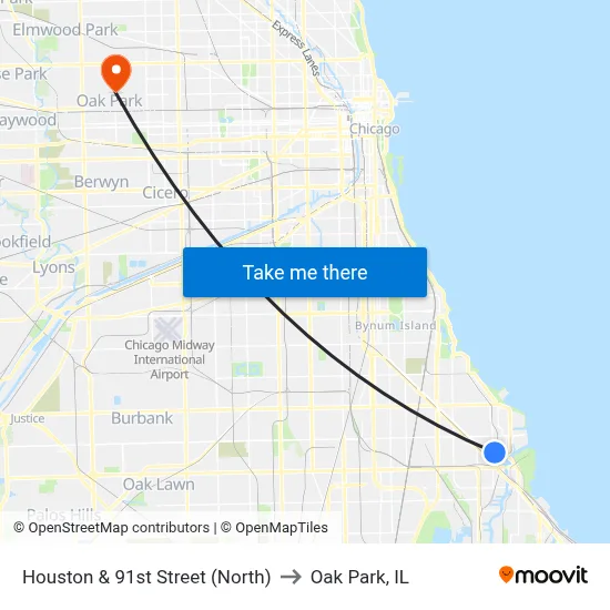 Houston & 91st Street (North) to Oak Park, IL map