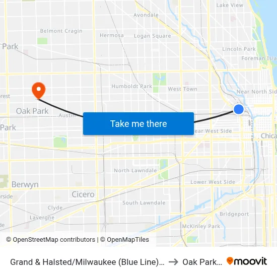 Grand & Halsted/Milwaukee (Blue Line) (East) to Oak Park, IL map