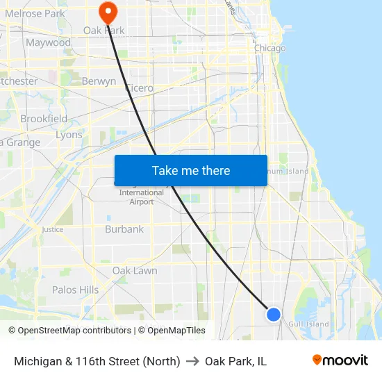 Michigan & 116th Street (North) to Oak Park, IL map