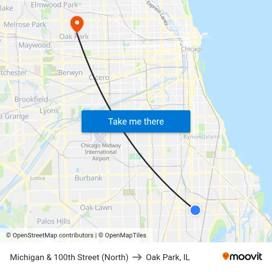 Michigan & 100th Street (North) to Oak Park, IL map