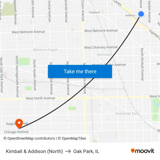 Kimball & Addison (North) to Oak Park, IL map