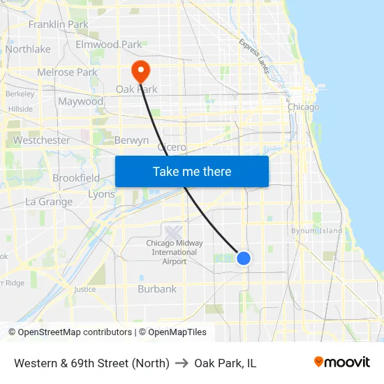 Western & 69th Street (North) to Oak Park, IL map