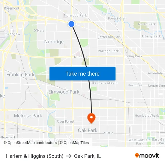 Harlem & Higgins (South) to Oak Park, IL map