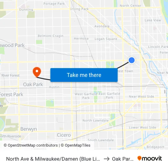 North Ave & Milwaukee/Damen (Blue Line) (East) to Oak Park, IL map