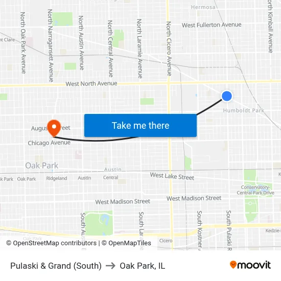 Pulaski & Grand (South) to Oak Park, IL map