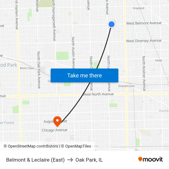 Belmont & Leclaire (East) to Oak Park, IL map