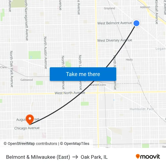 Belmont & Milwaukee (East) to Oak Park, IL map