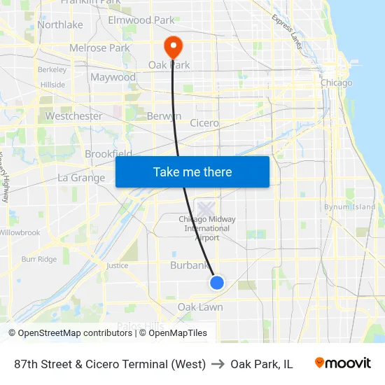 87th Street & Cicero Terminal (West) to Oak Park, IL map