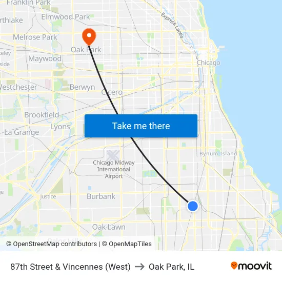 87th Street & Vincennes (West) to Oak Park, IL map