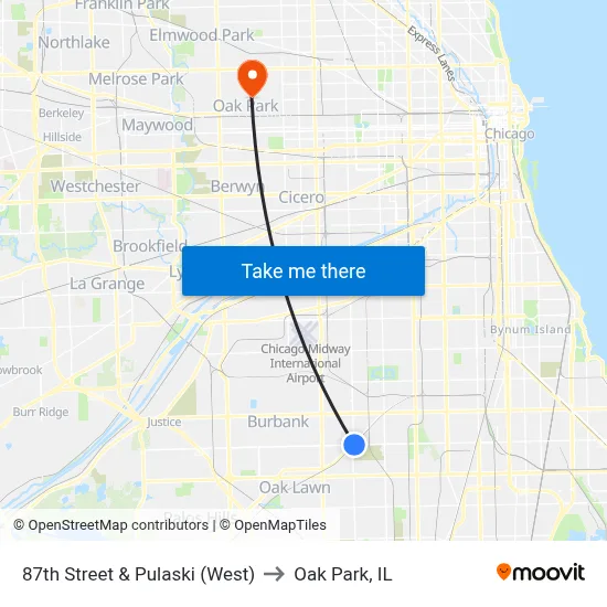 87th Street & Pulaski (West) to Oak Park, IL map