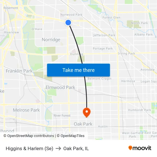 Higgins & Harlem (Se) to Oak Park, IL map