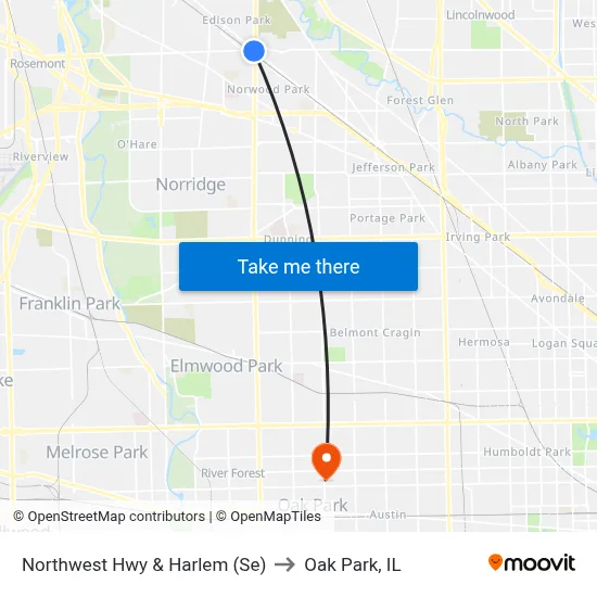 Northwest Hwy & Harlem (Se) to Oak Park, IL map