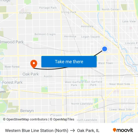 Western Blue Line Station (North) to Oak Park, IL map