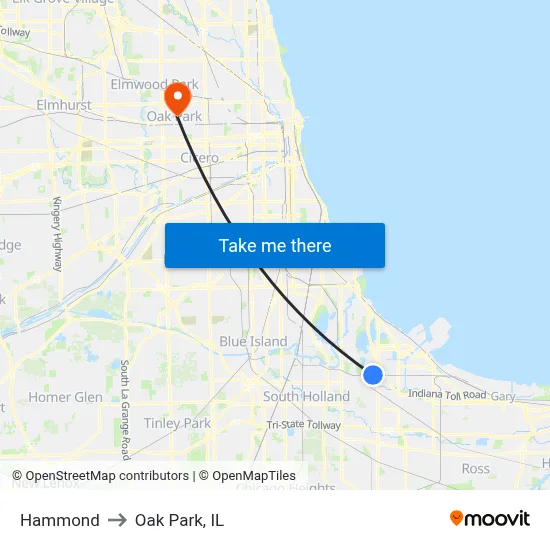 Hammond to Oak Park, IL map