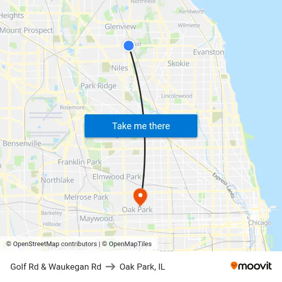 Golf Rd & Waukegan Rd to Oak Park, IL map