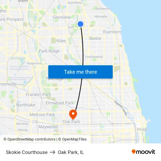 Skokie Courthouse to Oak Park, IL map