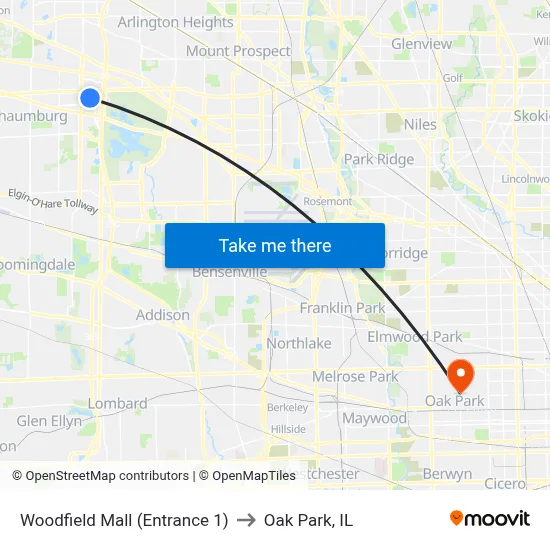 Woodfield Mall (Entrance 1) to Oak Park, IL map