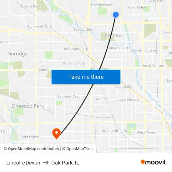 Lincoln/Devon to Oak Park, IL map
