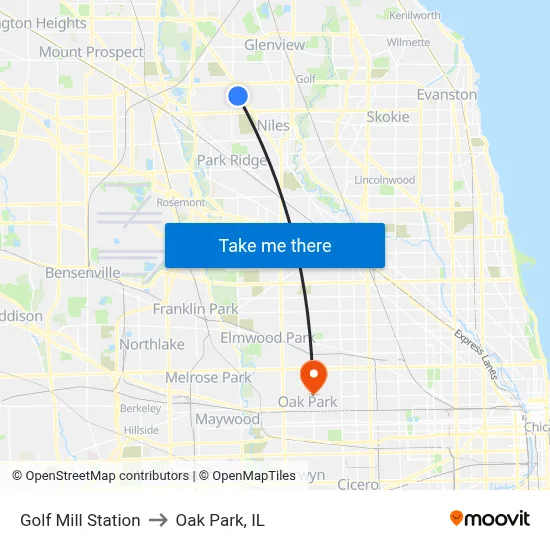 Golf Mill Station to Oak Park, IL map