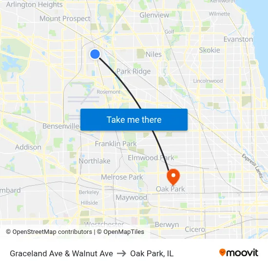 Graceland Ave & Walnut Ave to Oak Park, IL map