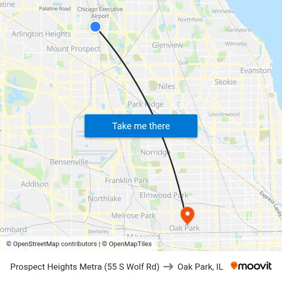 Prospect Heights Metra (55 S Wolf Rd) to Oak Park, IL map