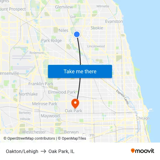 Oakton/Lehigh to Oak Park, IL map