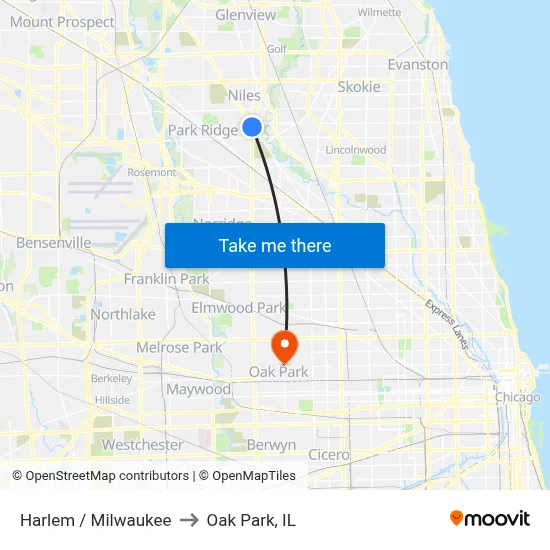 Harlem / Milwaukee to Oak Park, IL map