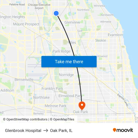 Glenbrook Hospital to Oak Park, IL map