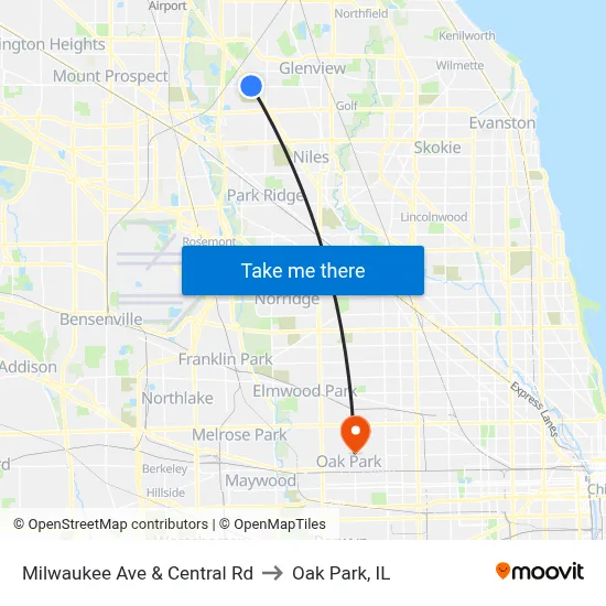 Milwaukee Ave & Central Rd to Oak Park, IL map