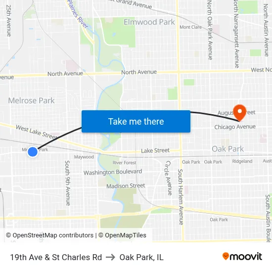 19th Ave & St Charles Rd to Oak Park, IL map