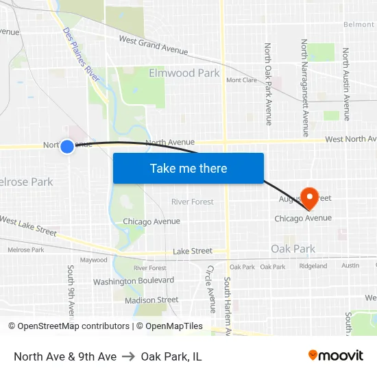 North Ave & 9th Ave to Oak Park, IL map