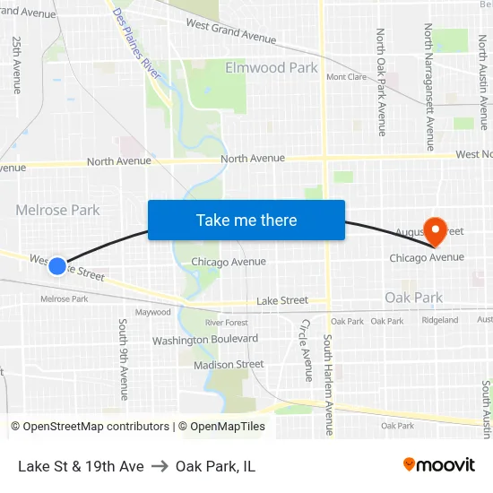 Lake St & 19th Ave to Oak Park, IL map