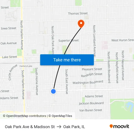 Oak Park Ave & Madison St to Oak Park, IL map