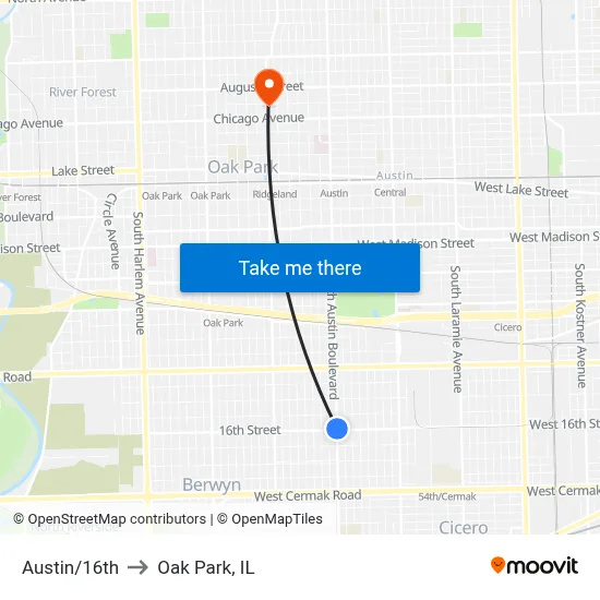 Austin/16th to Oak Park, IL map